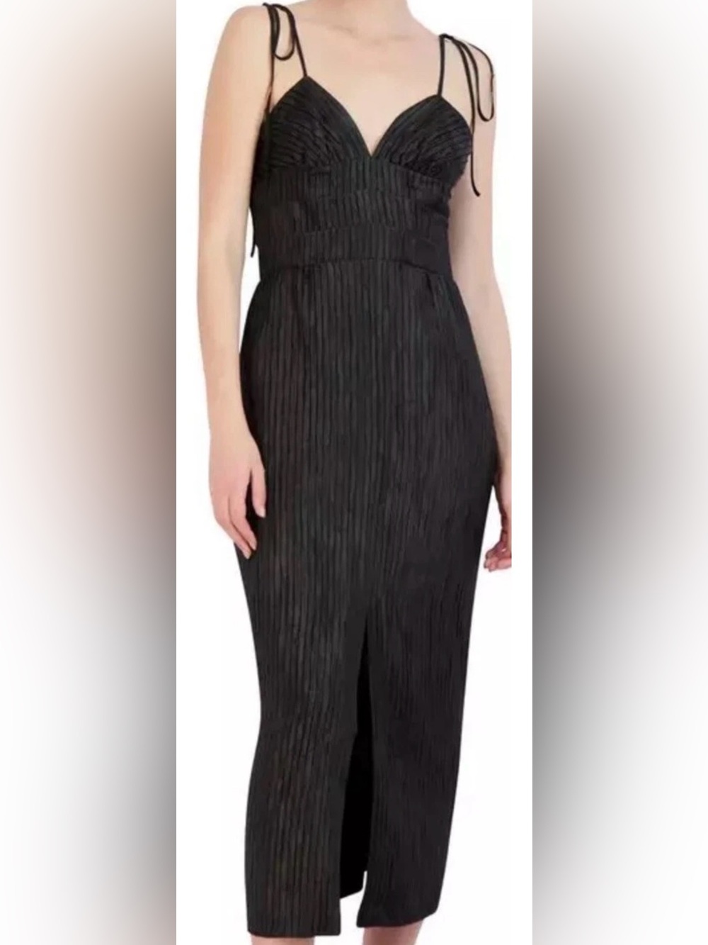 BCBGMaxAzria Pleated Satin Front Slit Black Dress Size 0 NWT